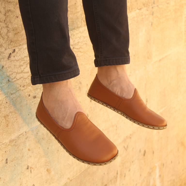 El Yapımı Barefoot Yalınayak Erkek Deri Klasik Model, Karamel Rengi - Görsel 3