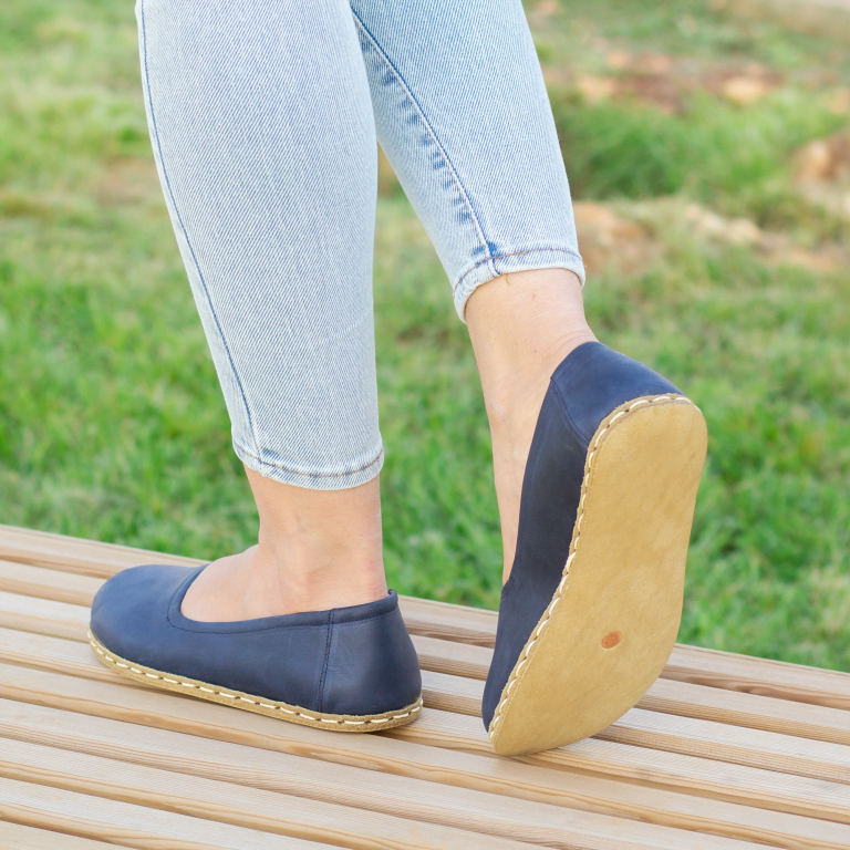 El Yapımı Barefoot Yalınayak Kadın Deri Babet Model, Lacivert - Görsel 2
