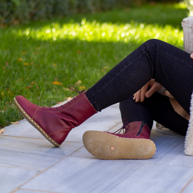 El Yapımı Barefoot Yalınayak Kadın Deri Uzun Kadın Bot, Bordo - Görsel 7
