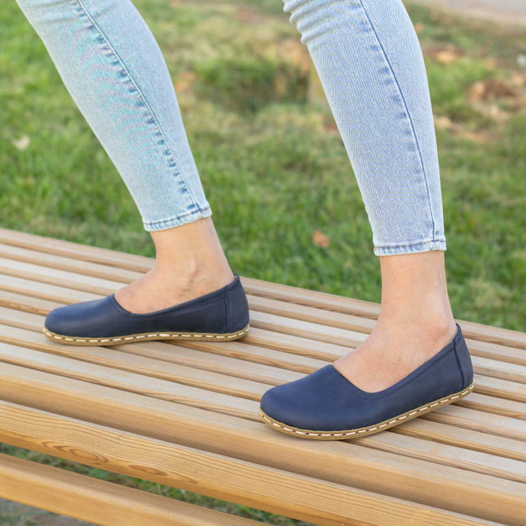 El Yapımı Barefoot Yalınayak Kadın Deri Babet Model, Lacivert - Görsel 6