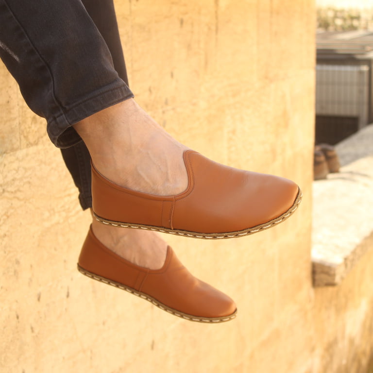 El Yapımı Barefoot Yalınayak Erkek Deri Klasik Model, Karamel Rengi - Görsel 2
