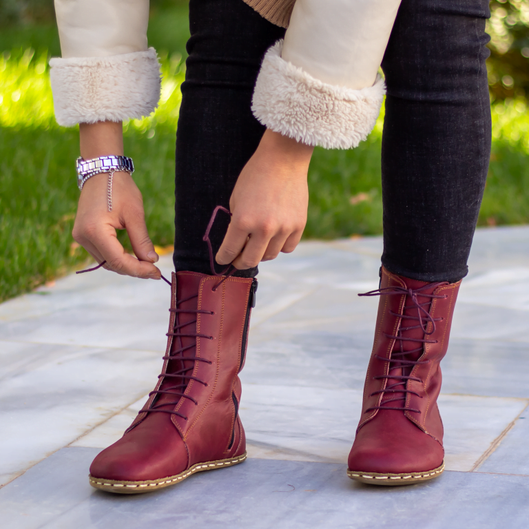 El Yapımı Barefoot Yalınayak Kadın Deri Uzun Kadın Bot, Bordo - Görsel 8
