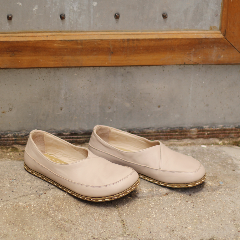 El Yapımı Barefoot Yalınayak Kadın Deri Sevim Model, Krem Rengi - Görsel 5