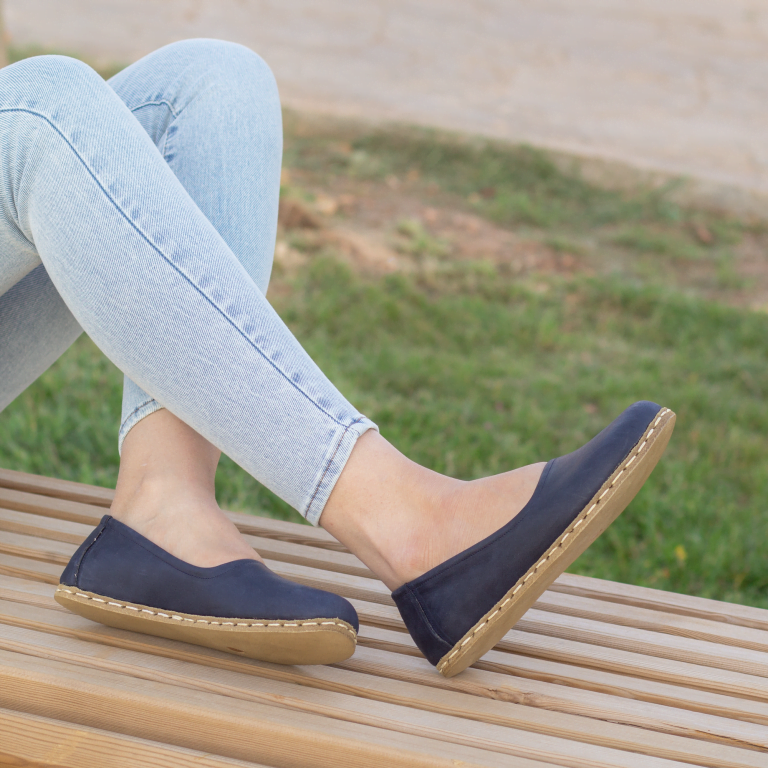El Yapımı Barefoot Yalınayak Kadın Deri Babet Model, Lacivert - Görsel 3