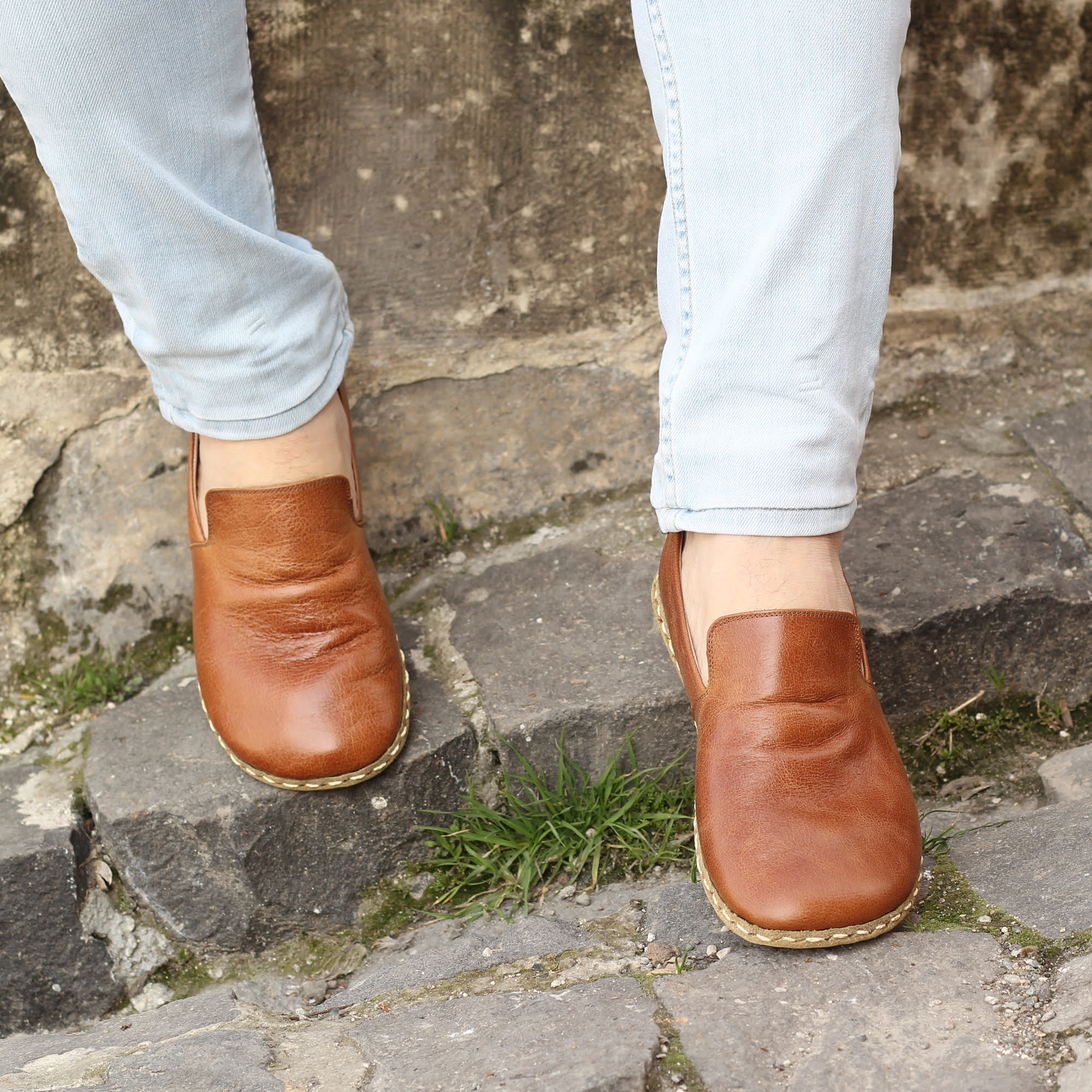 187 El Yapımı Barefoot Yalınayak Erkek Deri Taylan Model, Otantik Kahve - Görsel 1