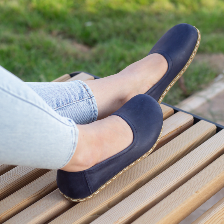 El Yapımı Barefoot Yalınayak Kadın Deri Babet Model, Lacivert - Görsel 4