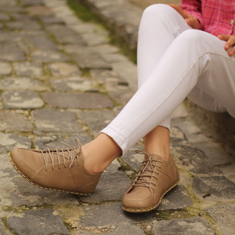 El Yapımı Barefoot Yalınayak Kadın Deri Sneakers Model, Bej - Görsel 3