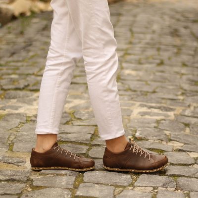 El Yapımı Barefoot Yalınayak Kadın Deri Sneakers Model, Klasik Kahverengi