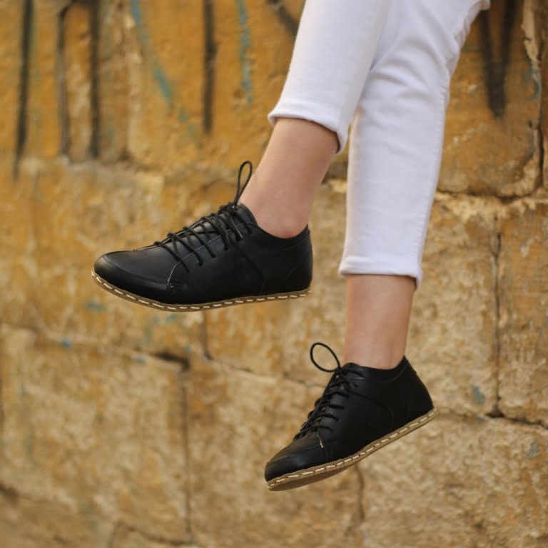 El Yapımı Barefoot Yalınayak Kadın Deri Sneakers Model, Siyah - Görsel 3
