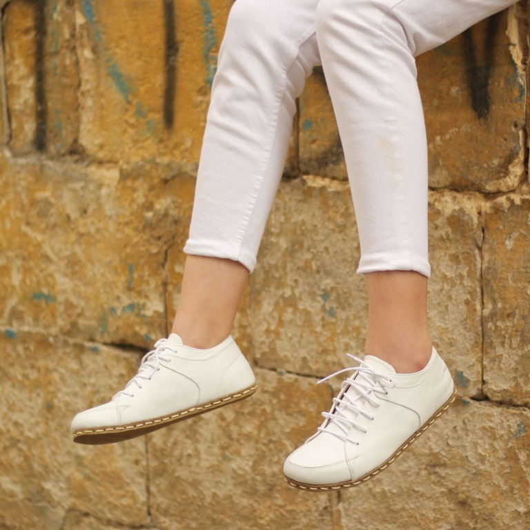 El Yapımı Barefoot Yalınayak Kadın Deri Sneakers Model, Beyaz - Görsel 2