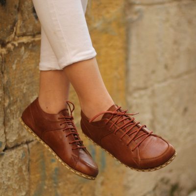 El Yapımı Barefoot Yalınayak Kadın Deri Sneakers Model, Parlak Kahve