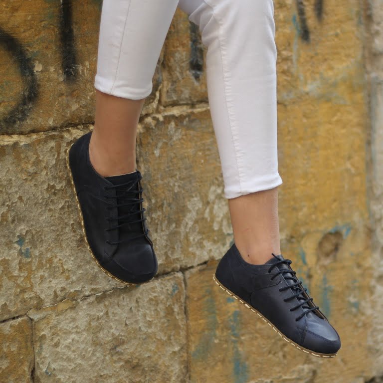 El Yapımı Barefoot Yalınayak Kadın Deri Sneakers Model, Lacivert - Görsel 3