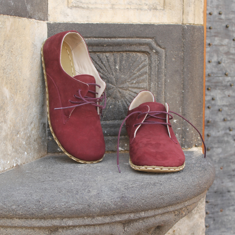 El Yapımı Barefoot Yalınayak Erkek Deri Bağcıklı Model, Bordo Nubuk - Görsel 2