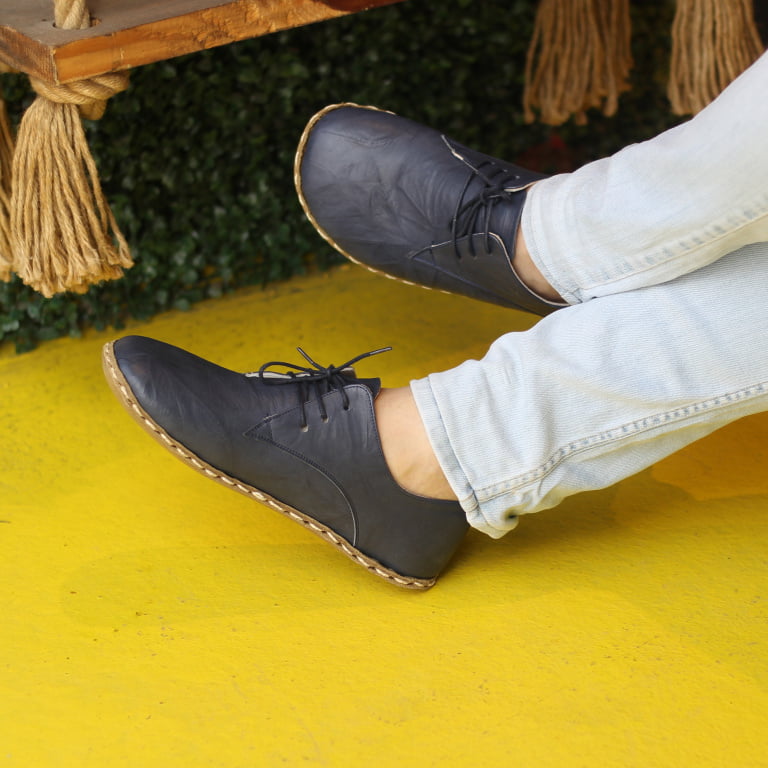 El Yapımı Barefoot Yalınayak Erkek Deri Bağcıklı Model, Lacivert - Görsel 2