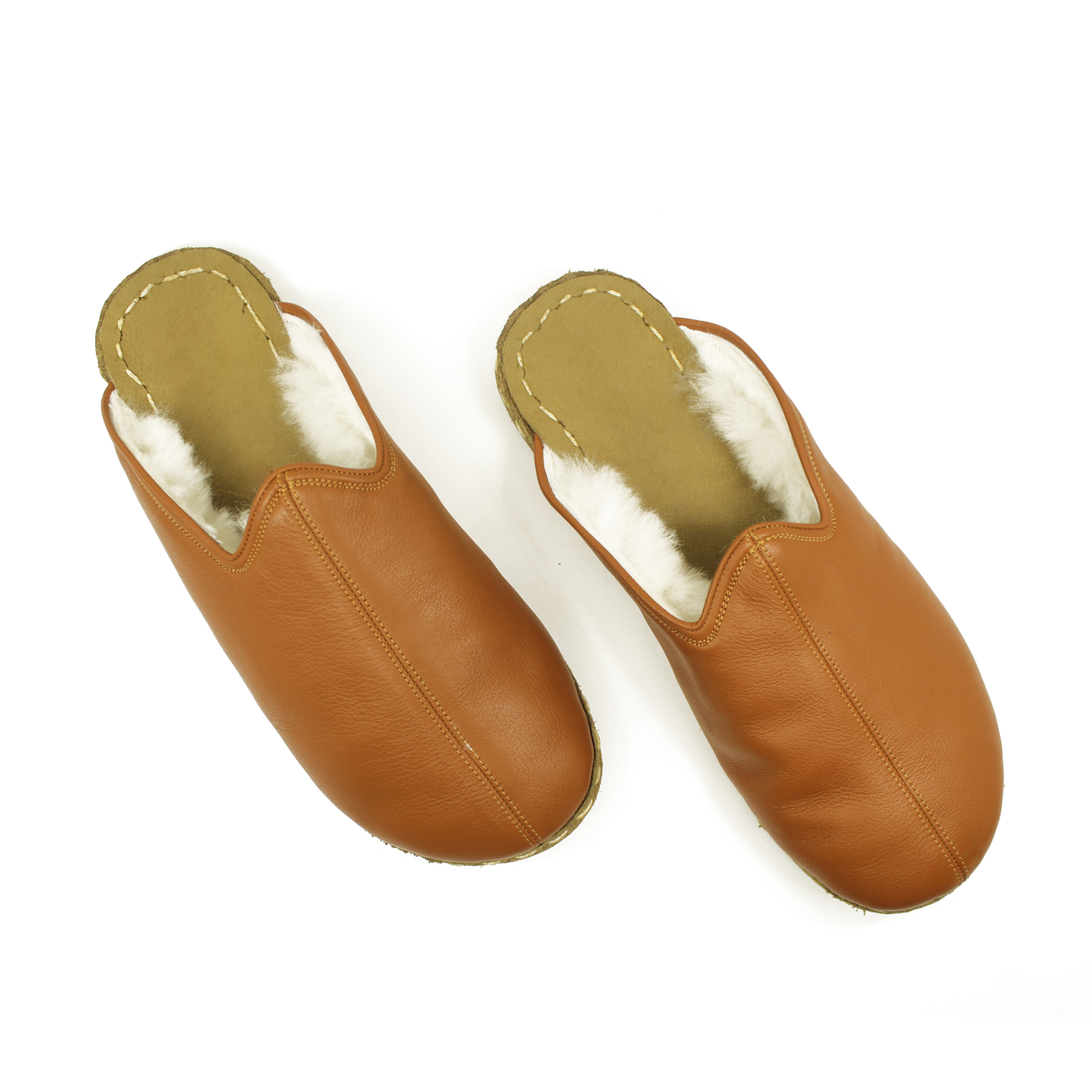 2 El Yapımı Barefoot Yalınayak Erkek Deri Parçalı İçi Kürklü Terlik, Karamel - Görsel 1