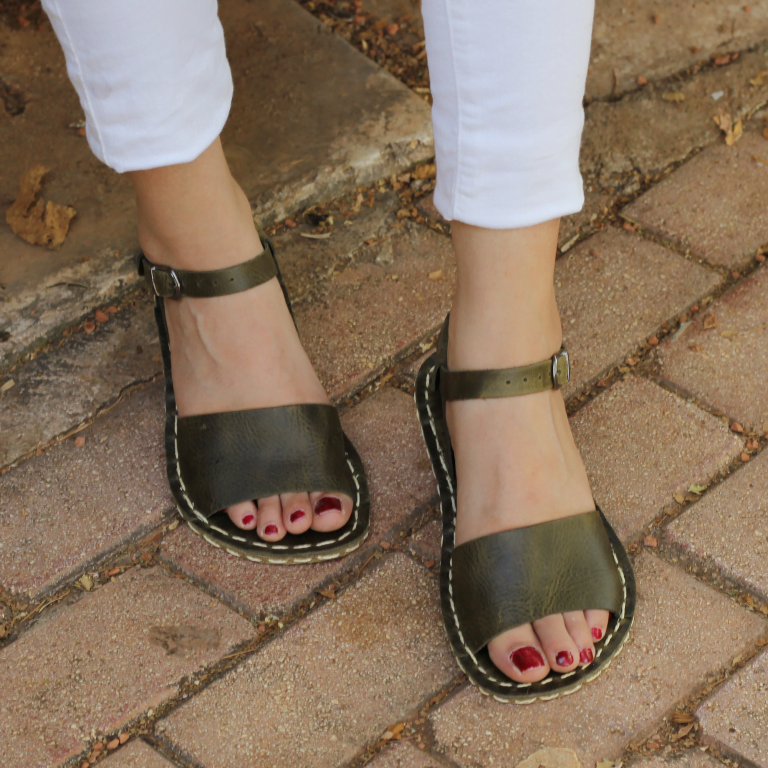 El Yapımı Barefoot Yalınayak Kadın Deri Lena Sandalet, Zeytin Yeşili - Görsel 4