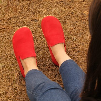 El Yapımı Barefoot Yalınayak Kadın Deri Taylan Model, Kırmızı Nubuk