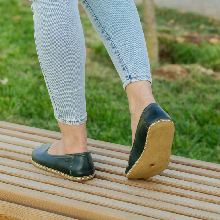 El Yapımı Barefoot Yalınayak Kadın Deri Babet Model, Petrol Yeşili - Görsel 4
