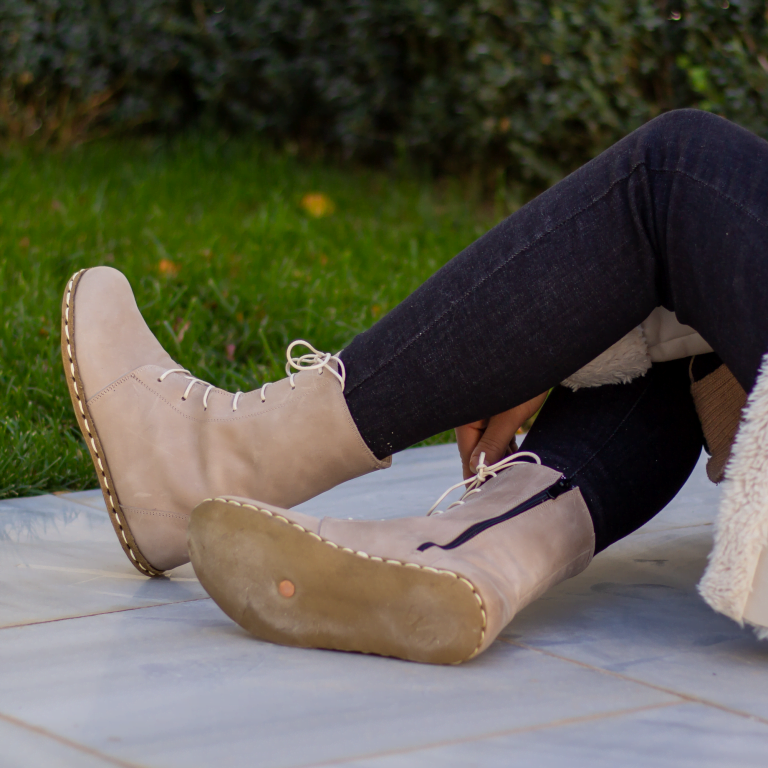 El Yapımı Barefoot Yalınayak Kadın Deri Uzun Kadın Bot, Bej Rengi - Görsel 8