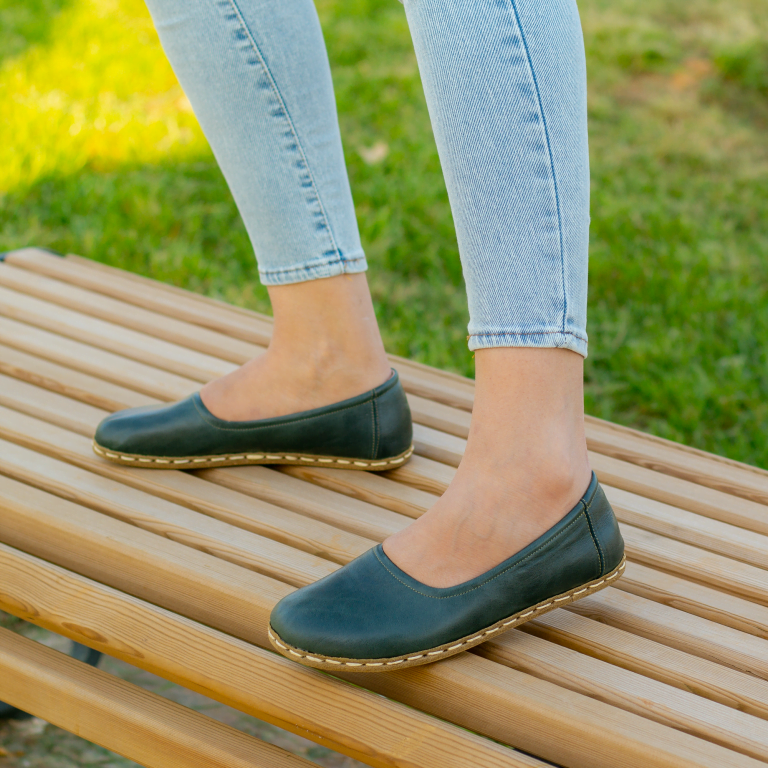 El Yapımı Barefoot Yalınayak Kadın Deri Babet Model, Petrol Yeşili - Görsel 3