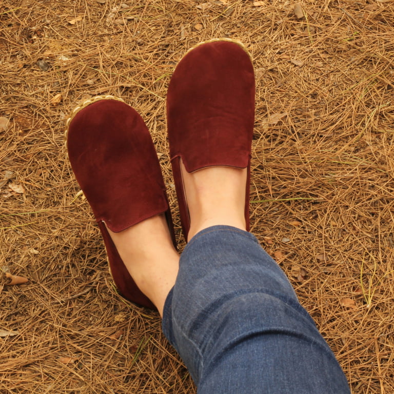 El Yapımı Barefoot Yalınayak Kadın Deri Taylan Model, Bordo Nubuk - Görsel 3