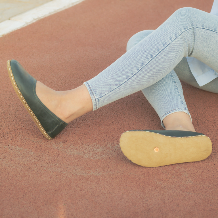 El Yapımı Barefoot Yalınayak Kadın Deri Babet Model, Petrol Yeşili - Görsel 6