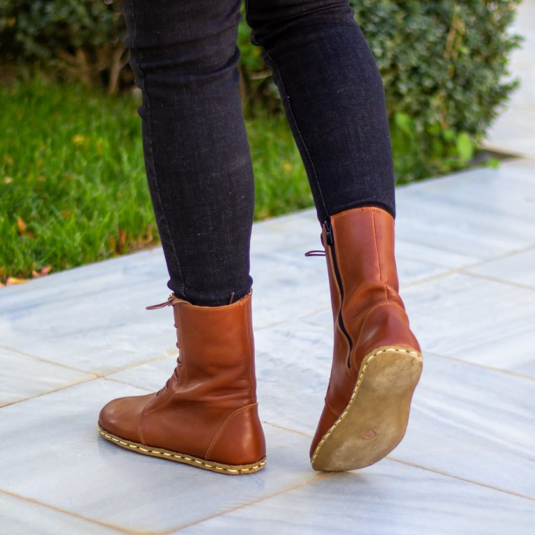 El Yapımı Barefoot Yalınayak Kadın Deri Uzun Kadın Bot, Parlak Kahve - Görsel 6
