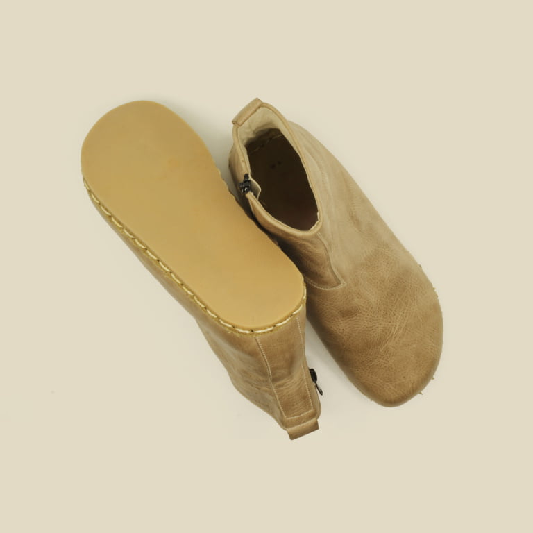 El Yapımı Barefoot Yalınayak Kadın Deri Fermuarlı Kadın Kısa Bot, Bej - Görsel 2