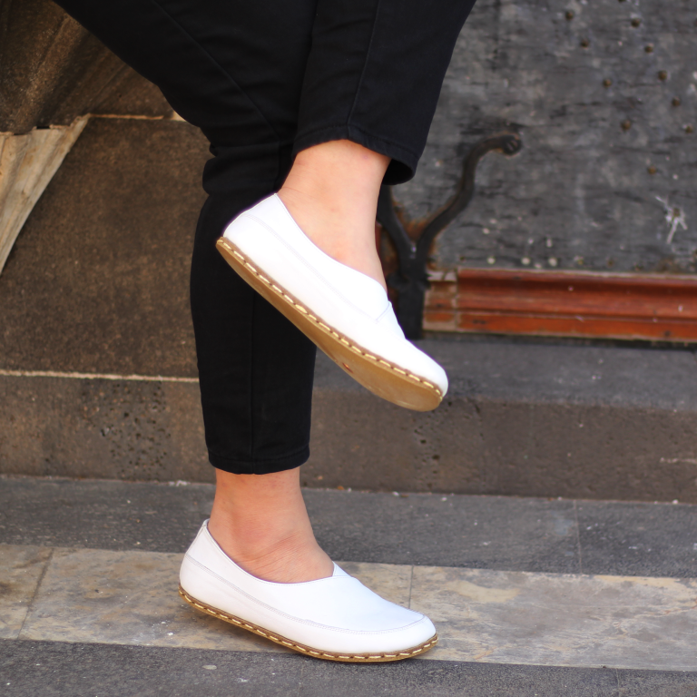 El Yapımı Barefoot Yalınayak Kadın Deri Sevim Model, Beyaz - Görsel 5