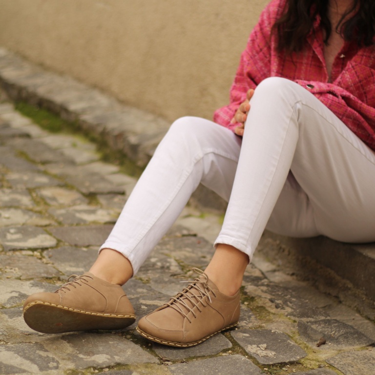 El Yapımı Barefoot Yalınayak Kadın Deri Sneakers Model, Bej - Görsel 4