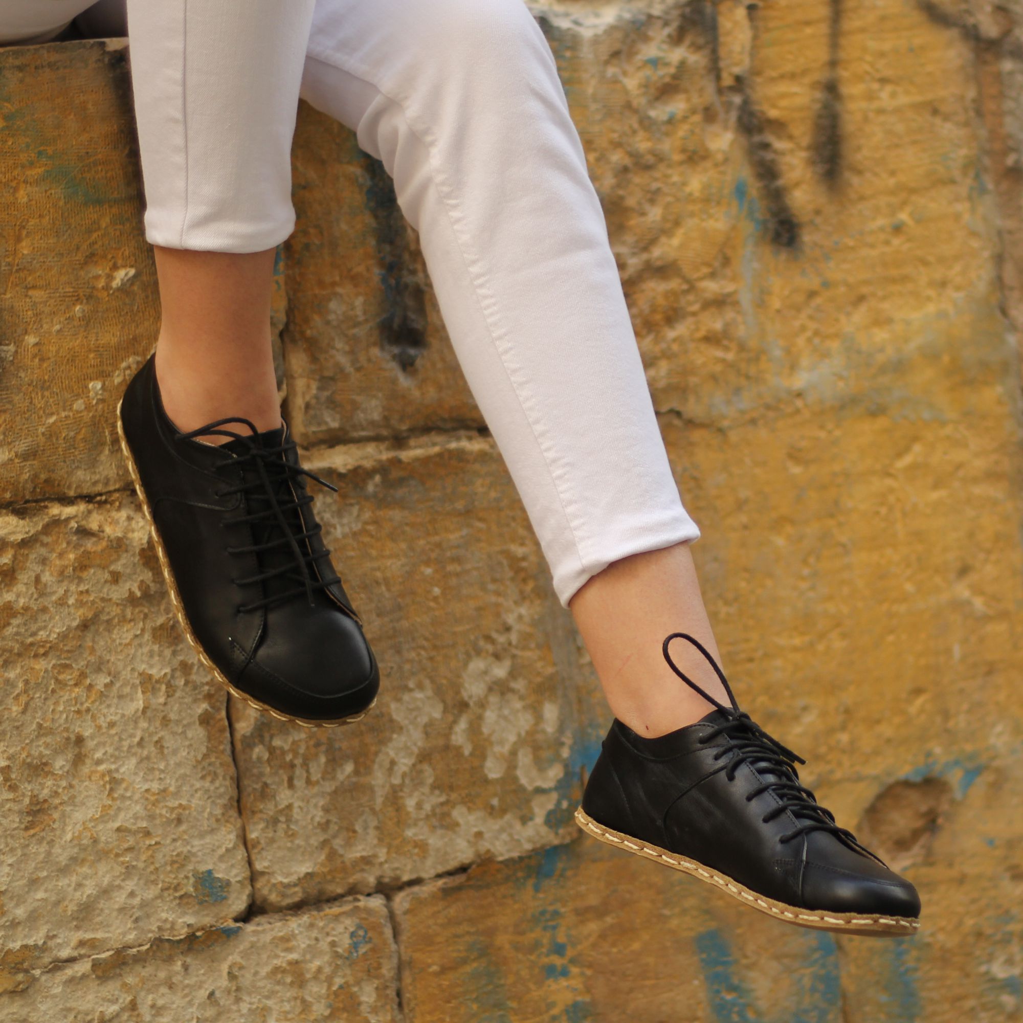 3 El Yapımı Barefoot Yalınayak Kadın Deri Sneakers Model, Siyah - Görsel 1