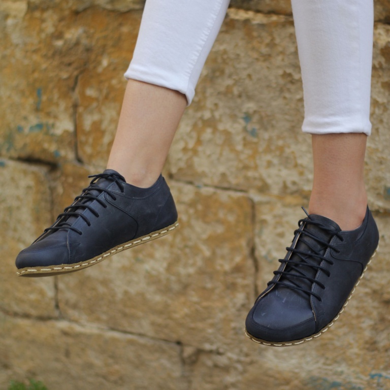 El Yapımı Barefoot Yalınayak Kadın Deri Sneakers Model, Lacivert - Görsel 4