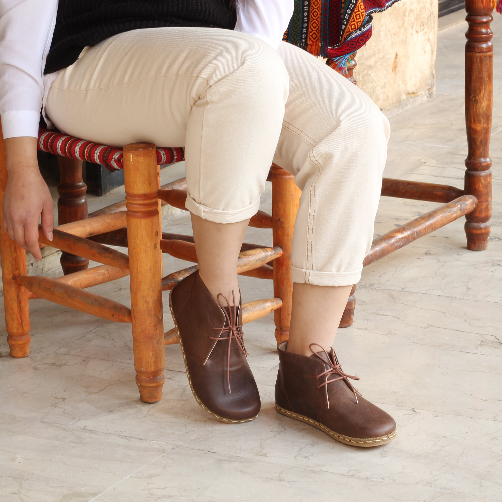 3 El Yapımı Barefoot Yalınayak Kadın Deri Kısa Bağcıklı Kadın Bot, Klasik Kahverengi - Görsel 1