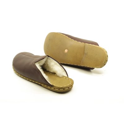 El Yapımı Barefoot Yalınayak Kadın Deri Parçalı İçi Kürklü Terlik, Fındık Kahve