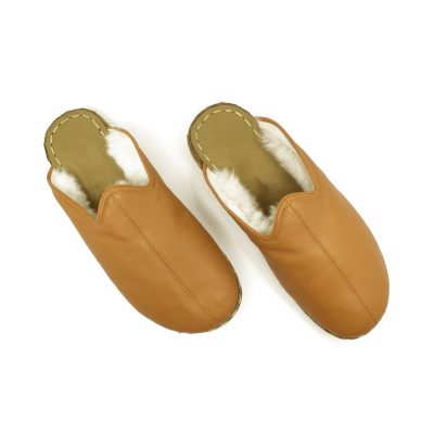 El Yapımı Barefoot Yalınayak Erkek Deri Parçalı İçi Kürklü Terlik, Hardal