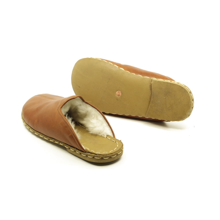 El Yapımı Barefoot Yalınayak Erkek Deri Parçalı İçi Kürklü Terlik, Karamel - Görsel 2