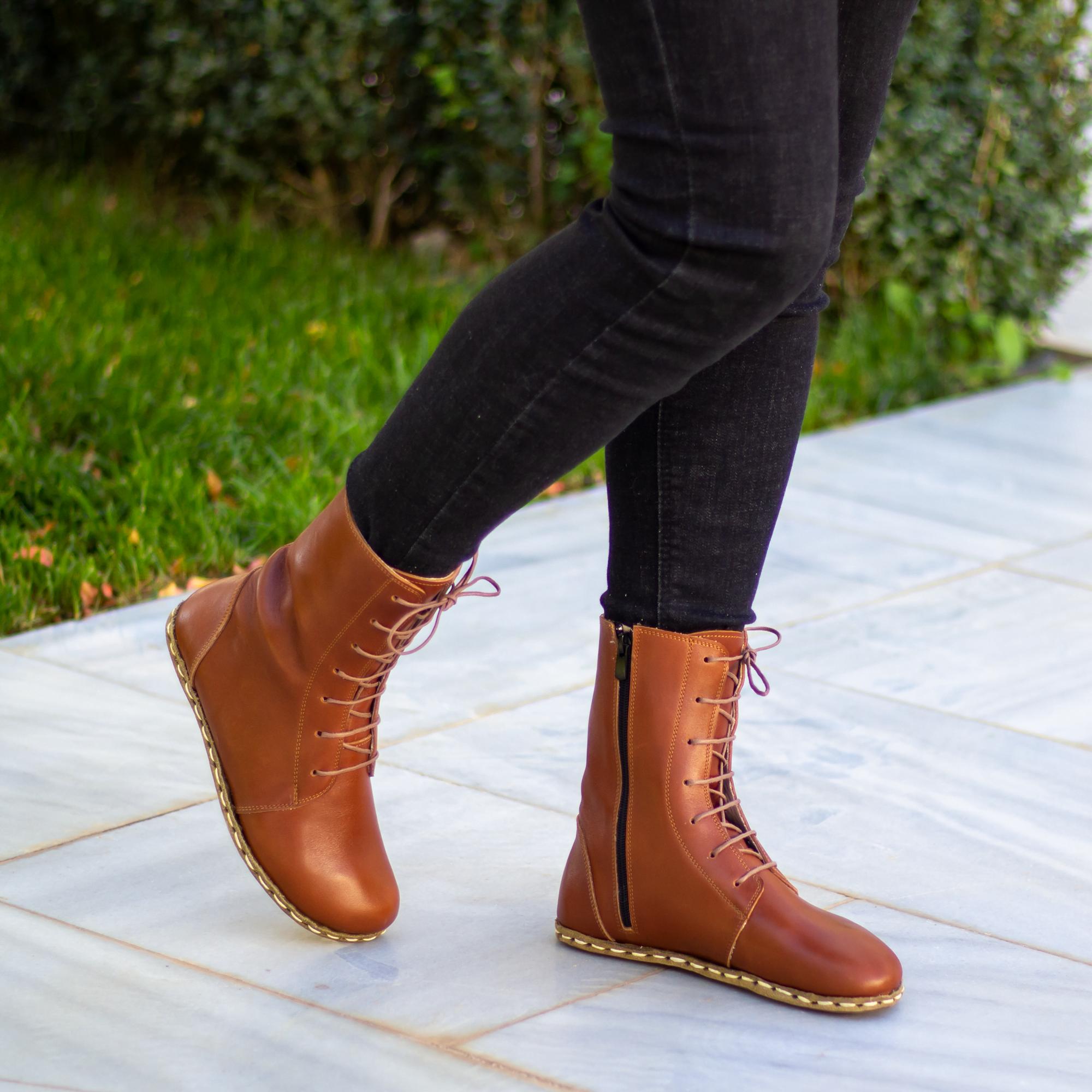 30 El Yapımı Barefoot Yalınayak Kadın Deri Uzun Kadın Bot, Parlak Kahve - Görsel 1