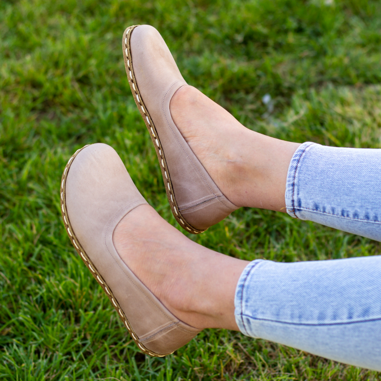 El Yapımı Barefoot Yalınayak Kadın Deri Babet Model, Bej - Görsel 2