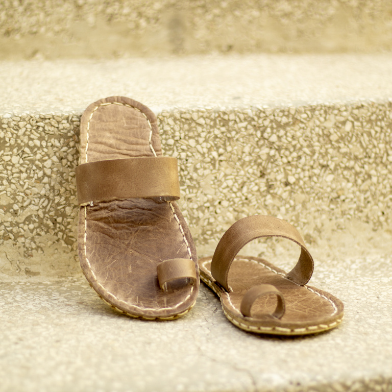 El Yapımı Barefoot Yalınayak Kadın Deri Parmak Arası Terlik, Bej - Görsel 3