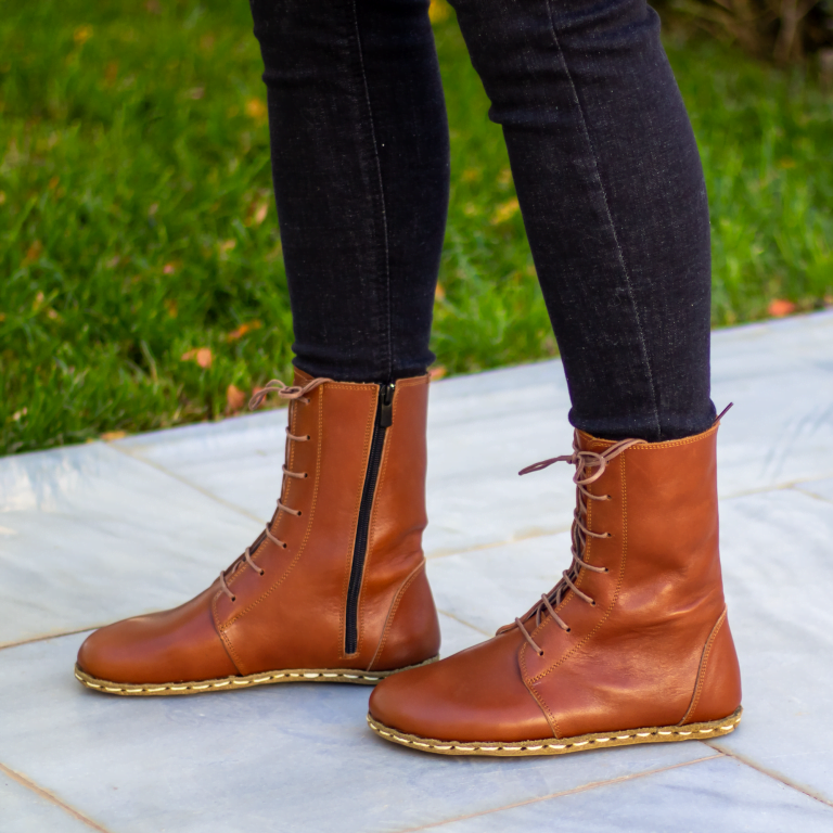 El Yapımı Barefoot Yalınayak Kadın Deri Uzun Kadın Bot, Parlak Kahve - Görsel 8
