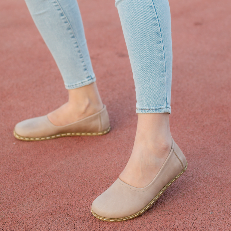 El Yapımı Barefoot Yalınayak Kadın Deri Babet Model, Bej - Görsel 4