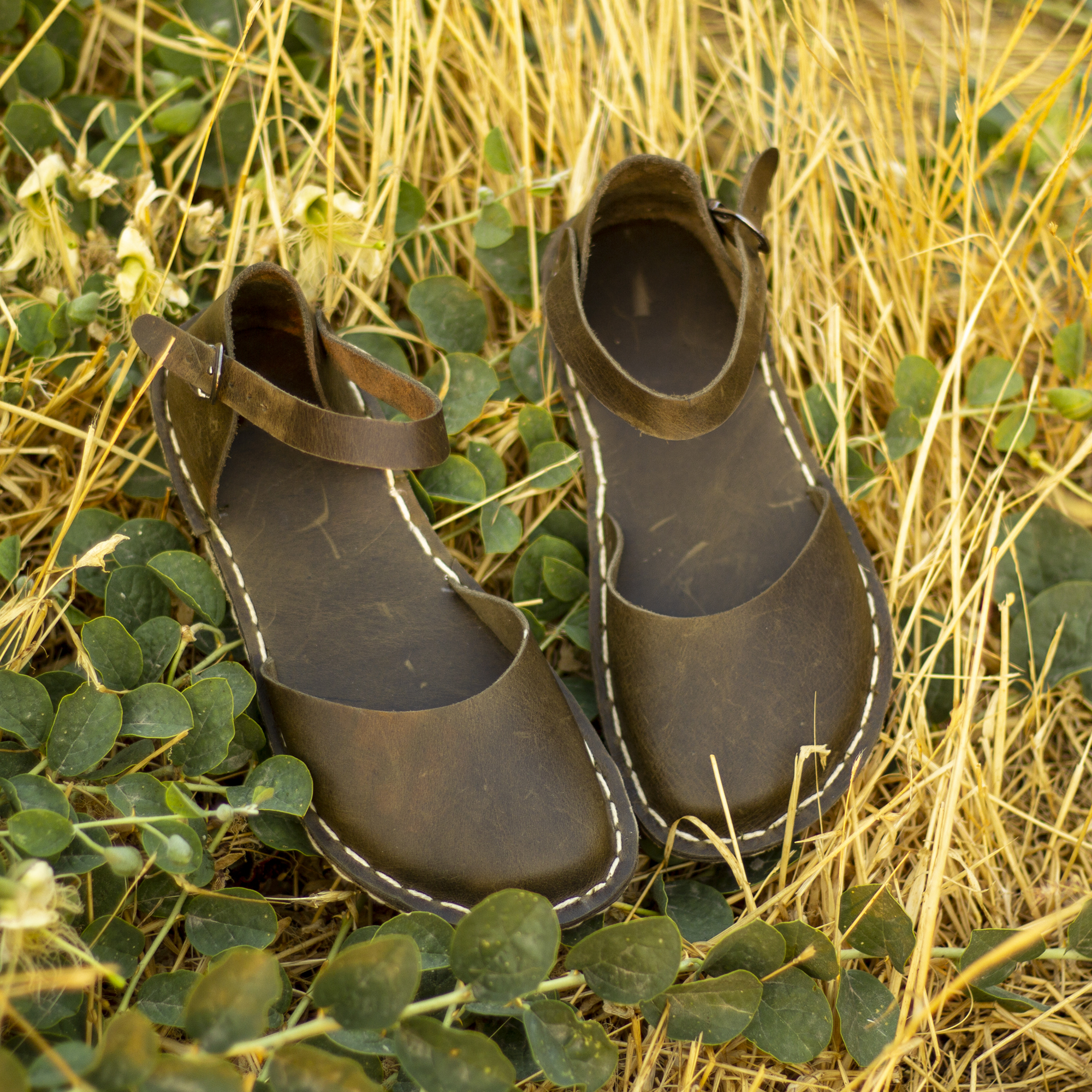 34 El Yapımı Barefoot Yalınayak Kadın Deri Sandalet Model, Zeytin Yeşili - Görsel 1