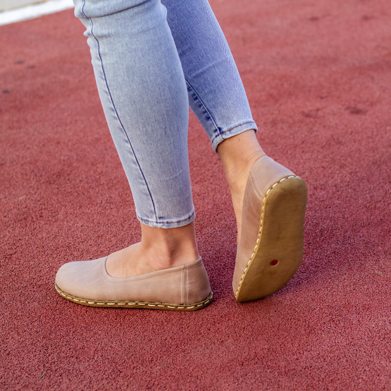 El Yapımı Barefoot Yalınayak Kadın Deri Babet Model, Bej - Görsel 3