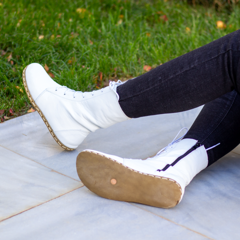 El Yapımı Barefoot Yalınayak Kadın Deri Uzun Kadın Bot, Beyaz - Görsel 2