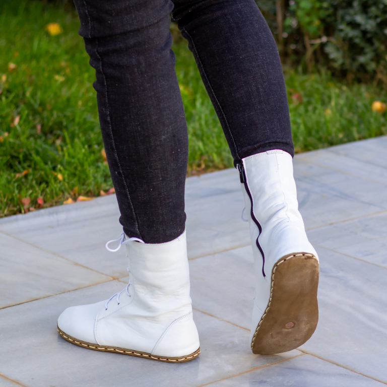 El Yapımı Barefoot Yalınayak Kadın Deri Uzun Kadın Bot, Beyaz - Görsel 4