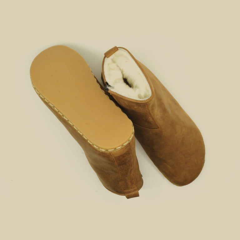 El Yapımı Barefoot Yalınayak Kadın Deri Fermuarlı İçi Kürklü Kadın Kısa Bot, Mat Kahve - Görsel 3
