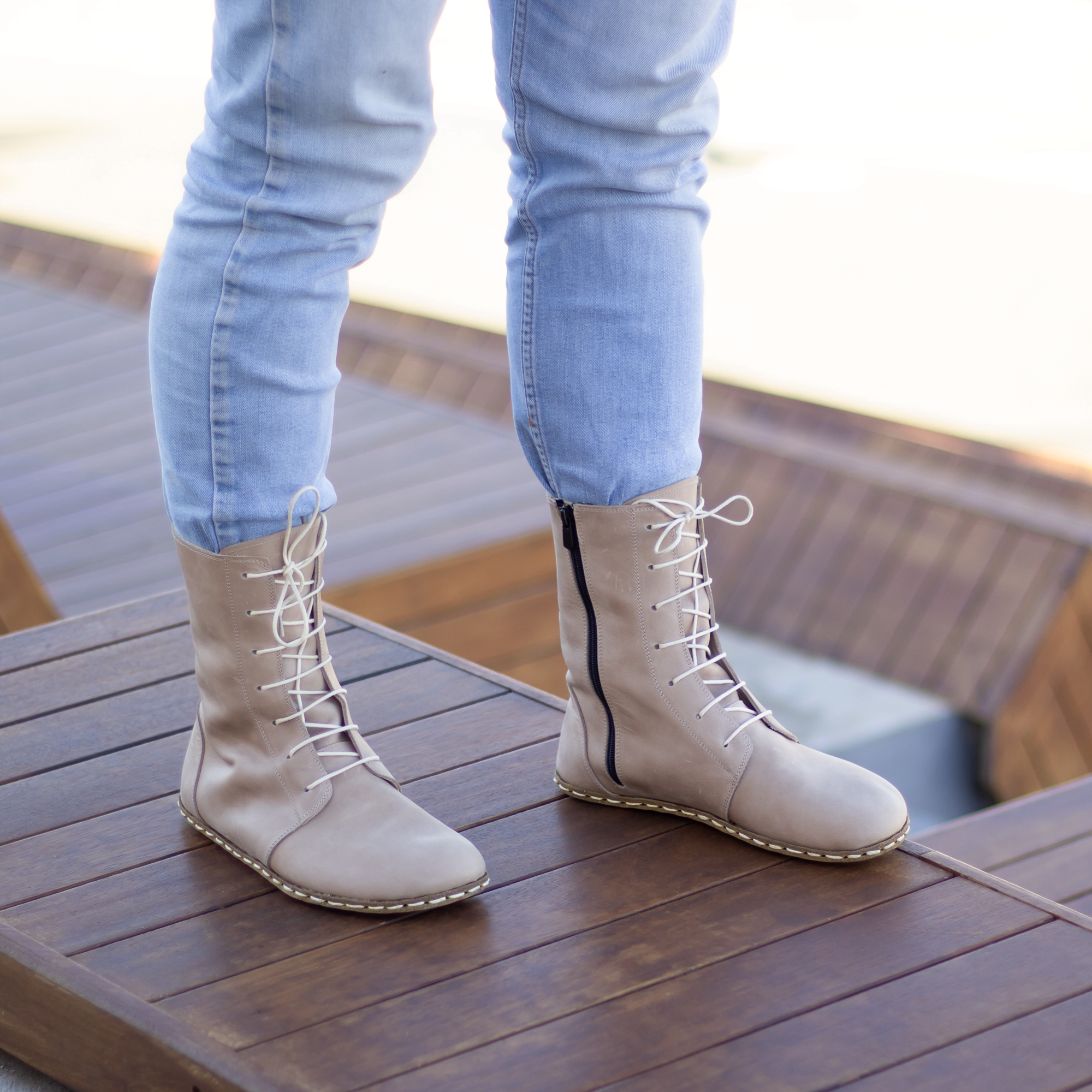 4 El Yapımı Barefoot Yalınayak Erkek Deri Uzun Erkek Bot, Bej - Görsel 1
