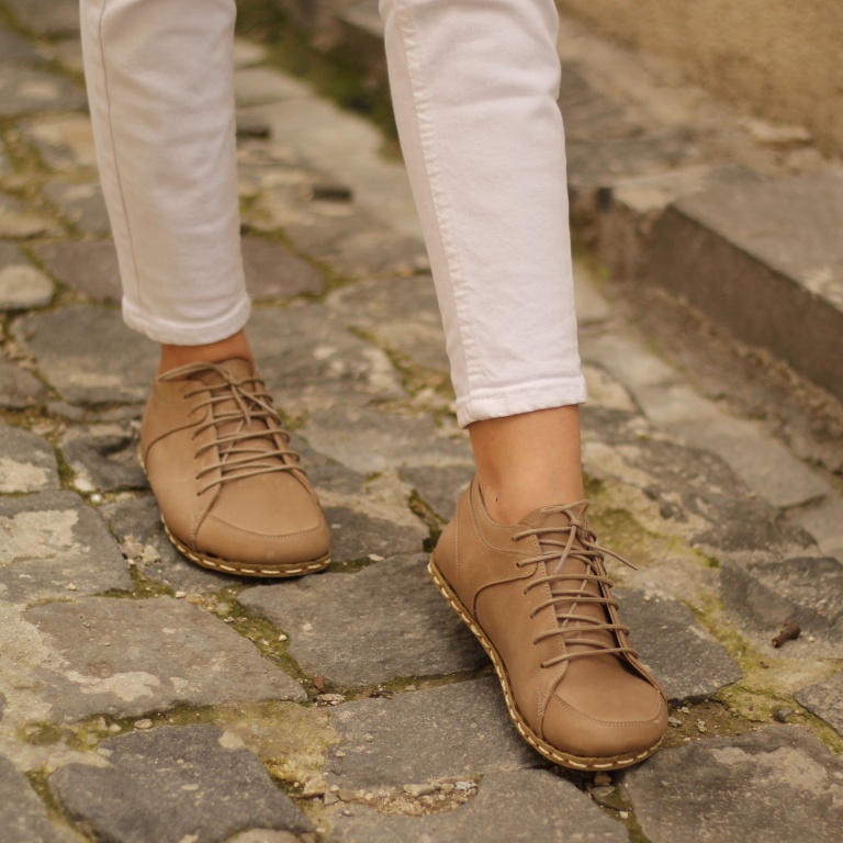 El Yapımı Barefoot Yalınayak Kadın Deri Sneakers Model, Bej - Görsel 6
