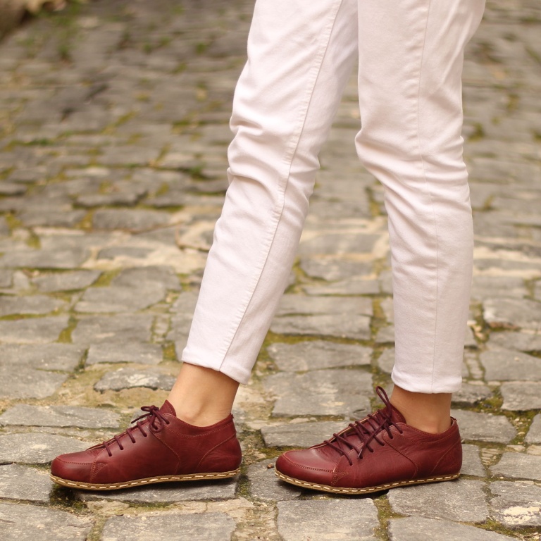 El Yapımı Barefoot Yalınayak Kadın Deri Sneakers Model, Bordo - Görsel 8