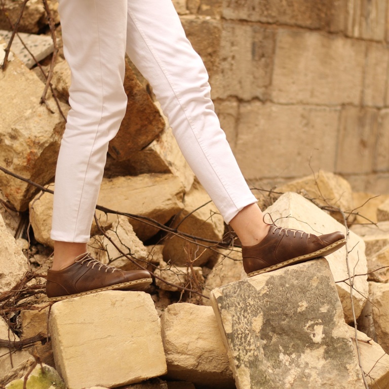El Yapımı Barefoot Yalınayak Kadın Deri Sneakers Model, Klasik Kahverengi - Görsel 3